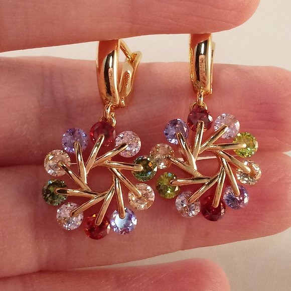 18K Yellow Gold Filled Flower Swirl Wheel Circle Diamond Zircon Dangle Earrings - Picture 1 of 4